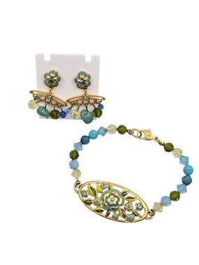 Swarovski Gold Blue Green Floral Crystal Dangle Stud Earrings & Bracelet Set